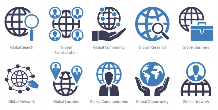 A set of 10 mix icons as global search, global collaboration, global community