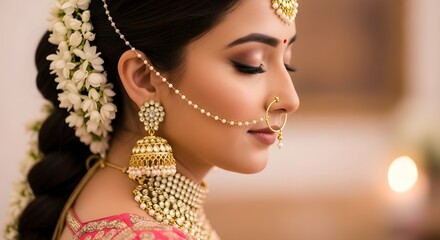 A soft, close-up side profile of an Indian bride with her eyes closed and a serene expression