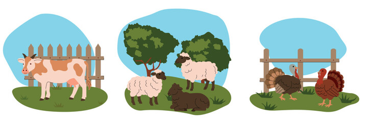 Flat illustration of farm animals in separate grassy scenes with blue sky backgrounds. Includes a cow, sheep with a ram, and two turkeys. Simple cartoon style, ideal for educational and childrens