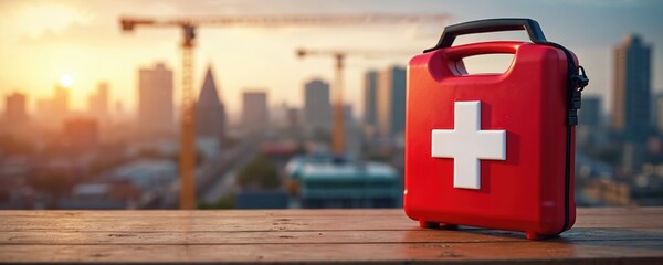 Red first aid kit with white cross prominently displayed on wooden surface. Construction cranes, city skyline visible in blurred background at sunset. Safety, emergency preparedness, health services