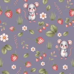 Mice and Strawberries on Purple Seamless Pattern