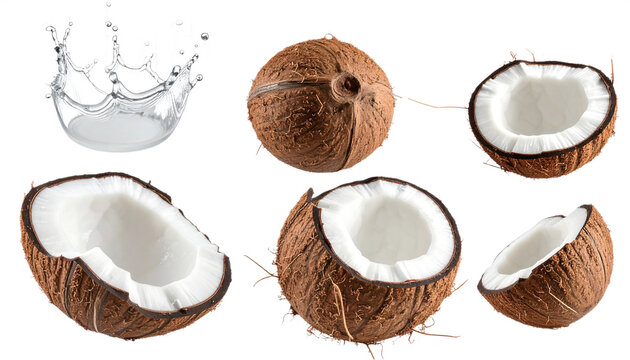 Fresh coconuts split open with water splash create vibrant tropical beverage advertising opportunities