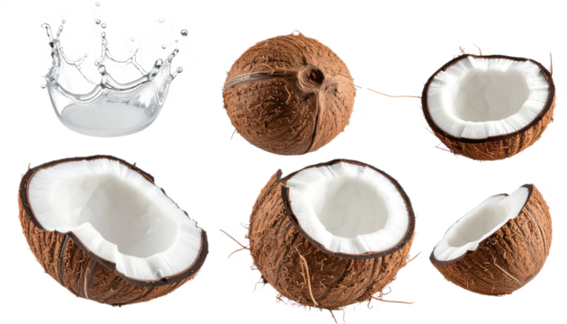Fresh coconuts split open with water splash create vibrant tropical beverage advertising opportunities