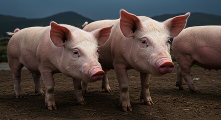 Group of Pink Farm Pigs Standing on Dirt Ground with Mountain Background