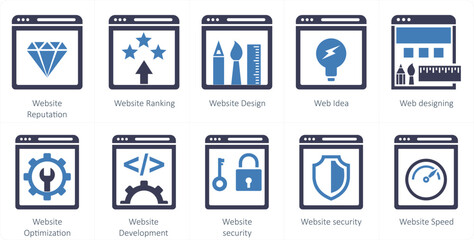A set of 10 mix icons as website reputation, website ranking, website design