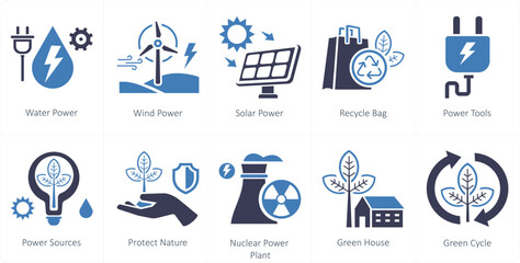 A set of 10 mix icons as water power, wind power, solar power