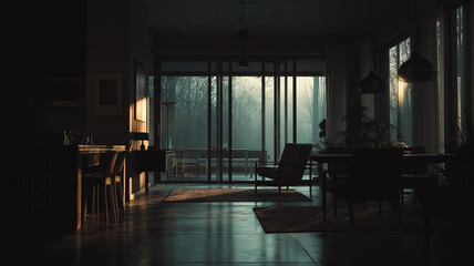 暗めの照明が演出するシックで洗練されたミニマルインテリア、生活感を抑えた家具配置による静謐で美しい家の内部空間を撮影した高品質写真素材