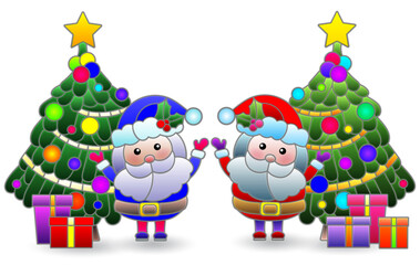 Stained glass illustration with Santa, a Christmas tree and a deer on a starry sky background