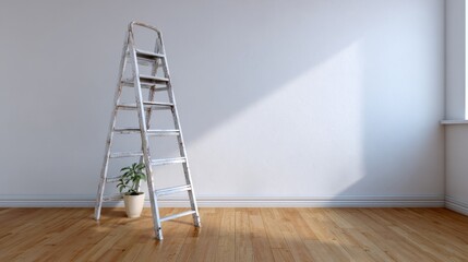 Empty minimalist room with wooden ladder and potted plant in natural light