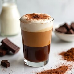 Layered Moroccan chocolate espresso drink in glass. Rich dark espresso at bottom, creamy caramel coffee in middle, topped with frothy milk dusted with cocoa powder. Served with chocolate chunks.