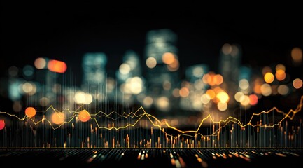 Abstract city bokeh backdrop with overlaid financial graphs