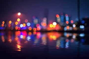 Blurry night cityscape reflected in calm water