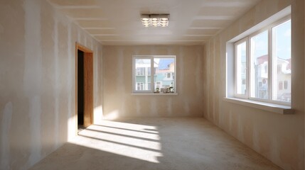 Fototapeta premium Empty unfinished room with large windows and natural sunlight
