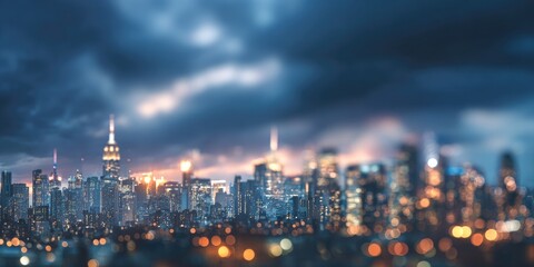 Fototapeta premium Blurred cityscape at dusk, dramatic sky