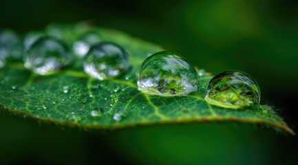Dewdrops cling to a vibrant green leaf, reflecting the surrounding environment