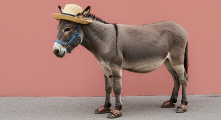 Hilarious donkey wears hat and sandals in quirky animal fashion statement against coral backdrop