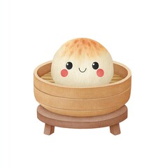 Cute Cartoon Bao Bun in Wooden Steamer