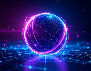 Obraz premium Glowing tech sphere with neon purple and pink energy lines, floating in dark futuristic space, surrounded by digital particles, cyberpunk vibes, ultra realistic, 8K