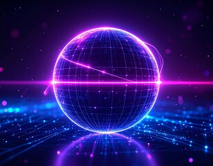 Obraz premium Glowing tech sphere with neon purple and pink energy lines, floating in dark futuristic space, surrounded by digital particles, cyberpunk vibes, ultra realistic, 8K