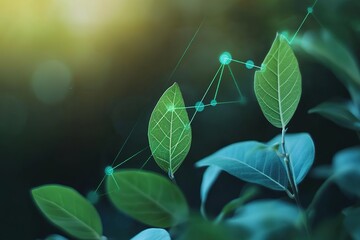 Upward trending financial chart with overlapping green leaves signifies sustainable investments in the green economy.