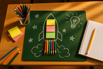 Back to School concept with rocket made of colorful pencils against blackboard background, symbolizing education, creativity, and startup mindset in learning
