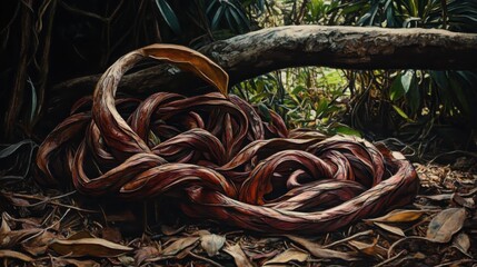 Vivid Jungle Scene with Intricate Twisted Roots on Forest Floor