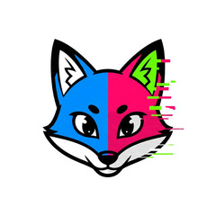 Fototapeta premium A vibrant digital illustration of a stylized fox head split with contrasting colors and a glitch effect offering a modern design.