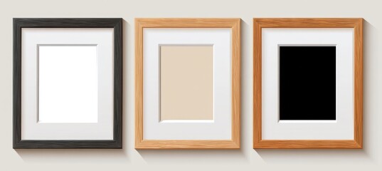 Three empty picture frames in black, light wood, and dark wood