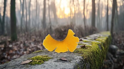 Yellow Leaf on a Mossy Log in a Misty Forest at Sunrise