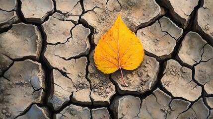 Yellow Leaf on Cracked Dry Ground in Natural Environment
