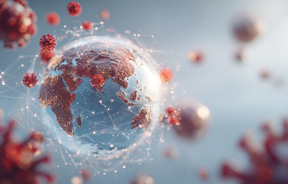 Global pandemic visualized; Earth encircled by virus particles & network