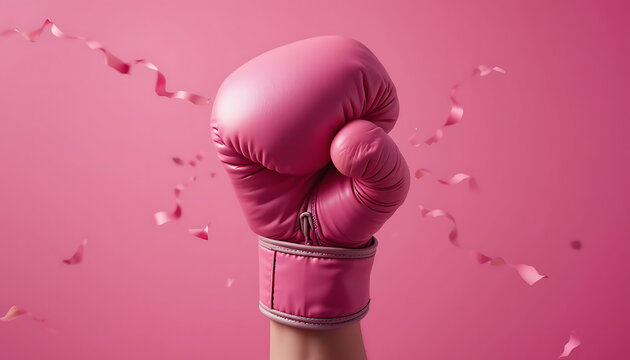 Woman Wearing Boxing Gloves Throwing Punch Symbolizing Breast Cancer Awareness and Fight for Survival