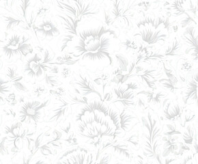 Elegant floral pattern in muted grayscale, featuring blooms and foliage illustrations on transparent background