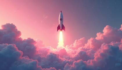 Minimalistic illustration of stylized rocket launching in soft pastel clouds. Modern art piece captures of startup ambition, new beginnings with clean lines, gentle color palette, evoking sense of