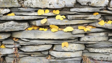 Yellow Leaves on Rustic Stone Wall Brings Autumn Vibes and Textures