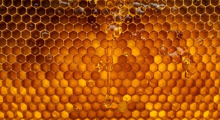 Honey Dripping from Honeycomb, Close-Up Shot, Nature, Food, Warm Lighting, Natural Setting, Sweetness Concept