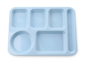 Empty plastic tray isolated on white, top view. School lunch