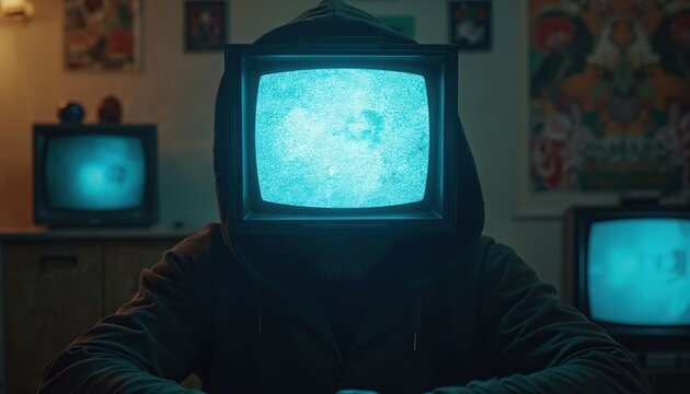 Man with old TV as head, screen glowing blue static, no signal. Concept of media control, propaganda, information manipulation. Anonymous figure in hooded sweatshirt in dimly lit room, dark themes.