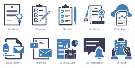 A set of 10 mix icons as certificate, checklist, cloud reports