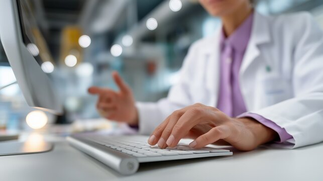 A woman in a white lab coat is typing on a computer keyboard. She is wearing a purple shirt and a white lab coat - Powered by Adobe