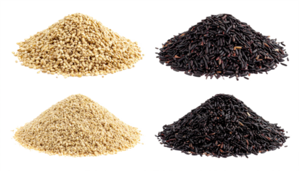 Discover culinary variety with piles of white and black rice, showcasing healthy grain options