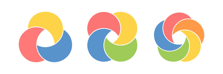 Circle Venn diagram infographic icon set. Graphic chart. Three, four and five balance circle diagram. Overlap design element. Business process chart. Vector illustration isolated on white background.