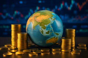 Globe surrounded by stacked gold coins with stock chart in background, representing global finance, economy, investment, and international markets.