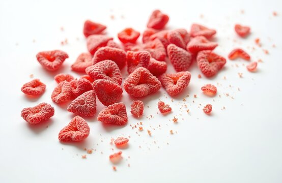 Freeze dried strawberries scattered on clean white background. Vibrant red berries offer healthy, natural snack option, preserving fruit flavor, nutrients through advanced technology. Perfect for - Powered by Adobe