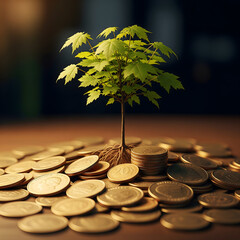 Young tree with detailed roots growing from a pile of gold coins, symbolizing long-term financial growth, sustainable investment, and wealth built from solid financial foundations.