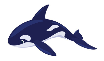 Obraz premium Cartoon killer whale swimming gracefully on a clean white background in a simple vector design, showcasing its sleek form and features