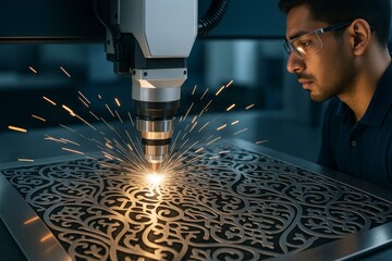 Laser cutting machine engraving intricate metal pattern with sparks, technician observing in high-tech industrial background, concept of precision work. Ai generative