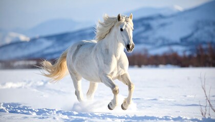Majestic white horse galloping across snowy landscape
