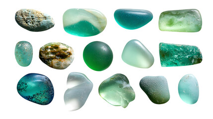 Natural polished beach glass collection, varied smooth shapes, seafoam green, isolated on Transparent background