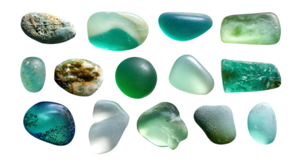 Natural polished beach glass collection, varied smooth shapes, seafoam green, isolated on Transparent background